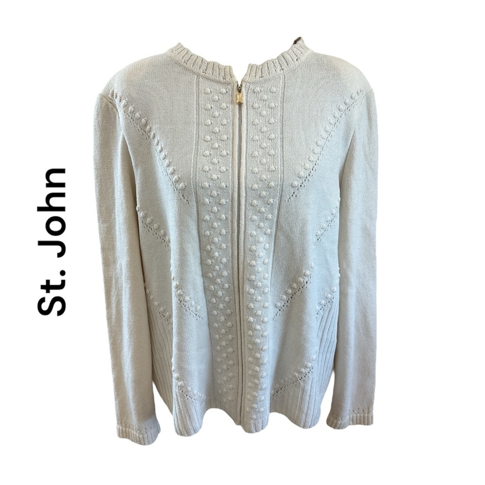 St. John Cream Zipper Wool Cardigan with Cable Knit Design